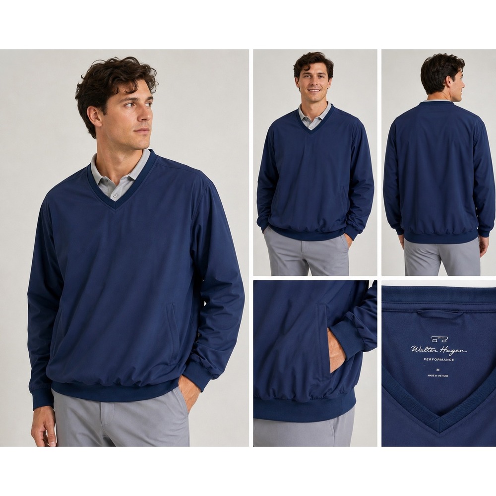 Walter Hagen Windshirt Navy Blue V-Neck Lined Performance Golf Pullover Medium